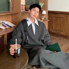 批发秋季新款<b class='q'>男士</b>时尚韩系ins高级时尚简约潮流假两件条纹<b class='q'>衬衫</b>领套装