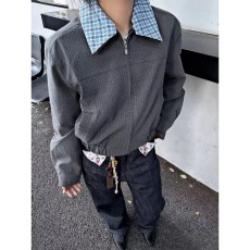 批发假两件可拆卸双层领夹克男格纹拼接设计感外套高级感百搭上衣