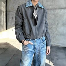 批发灰色复古假两件双领格纹西装夹克男秋高级感美式新款条纹翻领外套