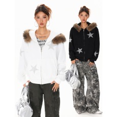批发XPKAEAX 美式高街烫钻星星毛领连帽卫衣女2025年秋季拉链开衫外套
