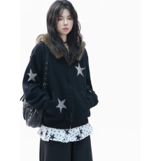 批发【坐吃山空】美式复古毛领连帽开衫卫衣女设计感烫钻星星宽松外套