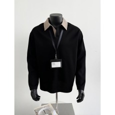 批发黑色千鸟格拼接polo衫男款秋季美式复古重磅长袖假两件翻领上衣