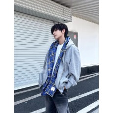 批发美式假两件连帽格子卫衣开衫男女宽松cleanfit外套