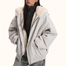 批发2025秋冬外套男女情侣款重磅仿兔毛连帽座山雕夹克连帽棉服外套