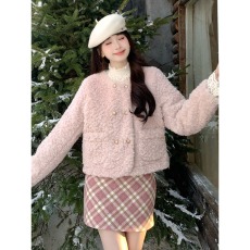 批发粉色格子毛呢包臀半身裙女2025新款冬季小个子高腰显瘦a字裙