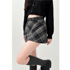 批发大码胖mm复古毛呢格纹半身裙秋冬显瘦呢子短裙女A字格子包臀裙子