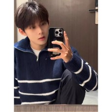 批发半拉链条纹毛衣男立领秋<b class='q'>冬</b>新款慵懒高级感宽松套头打底针织衫外套
