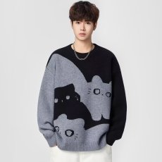 批发卡通小猫咪圆领灰色毛衣女仿貂毛立体小鱼外套秋<b class='q'>冬</b>软糯针织衫上衣