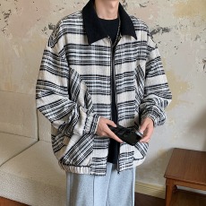批发秋韩版复古时髦飞行员文艺格子纹<b class='q'>夹克</b><b class='q'>男士</b>宽松翻领潮流<b class='q'>外套</b>