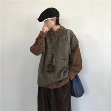 批发日系复古无袖针织衫<b class='q'>男</b>秋季潮牌百搭圆领毛衣背心杏色<b class='q'>马甲</b>打底衫潮