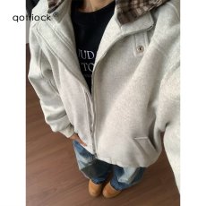 批发街头立领重磅运动灰色夹克男女百搭厚款毛呢休闲美式开衫卫衣<b class='q'>外套</b>