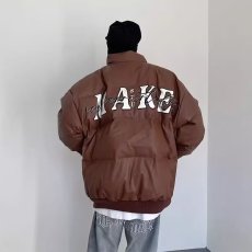 批发秋冬美式PU皮面包服立领字母刺绣加厚oversize棉服<b class='q'>外套</b>男潮流