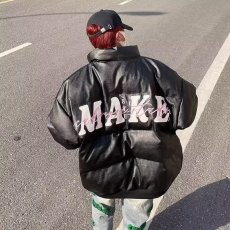批发2025美式PU皮面包服立领字母刺绣加厚oversize棉服<b class='q'>外套</b>男冬季
