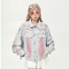 批发美式复古做旧扎染重磅牛仔<b class='q'>外套</b>男女秋冬宽松潮夹克ins