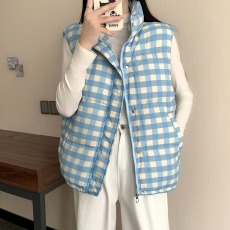 批发蓝色格子棉<b class='q'>马甲</b><b class='q'>男</b>女冬季加厚保暖立领无袖坎肩宽松潮牌棉服背心潮