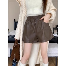 批发pu皮<b class='q'>短裤</b>女秋季2025新款美拉德穿搭<b class='q'>高腰</b>显瘦百搭抽绳阔腿休闲裤子