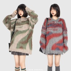 批发秋冬美式复古撞色马海毛慵懒风毛衣男女潮韩系不规则宽松<b class='q'>外套</b>毛衣