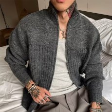 批发灰色双拉链开衫毛衣男款秋冬季内搭打底针织衫美式休闲慵懒风<b class='q'>外套</b>