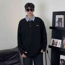 批发秋季小众设计感条纹拼接翻领假两件Polo衫<b class='q'>男</b>长袖宽松休闲潮牌<b class='q'>体恤</b>