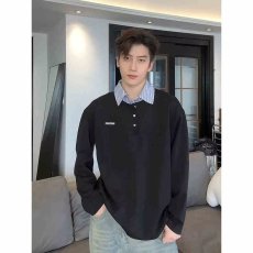 批发小众设计感条纹拼接假两件长袖polo衫<b class='q'>男生</b>春秋美式高街<b class='q'>t</b><b class='q'>恤</b>学院风