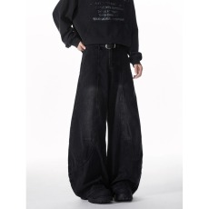 批发潮流复古拼接美式高街弯刀阔腿<b class='q'>牛仔裤</b>男小众宽松潮牌痞帅炸街长裤