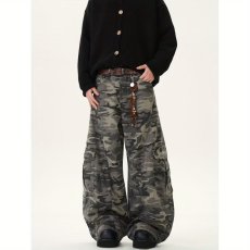 批发美式复古迷彩阔腿工装裤潮牌宽松反穿设计感弯刀<b class='q'>牛仔裤</b>男女