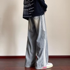 批发条纹黄泥<b class='q'>牛仔裤</b>男女款直筒宽松紧腰阔腿裤子潮牌美式复古拖地长裤