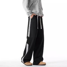 批发条纹拼接<b class='q'>牛仔裤</b>男女款直筒宽松紧腰阔腿裤子潮牌美式复古拖地长裤