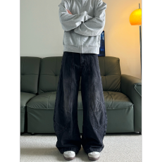 批发复古水洗解构弯刀牛仔裤<b class='q'>男</b>女哈伦cleanfit直筒美式高街阔腿拖地裤