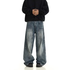 批发高街复古蓝水洗做旧阔腿<b class='q'>牛仔裤</b>男女宽松直筒美式潮牌高级感直筒裤