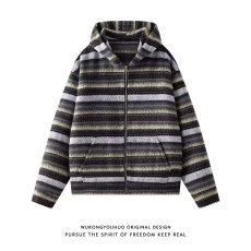 批发连帽毛呢<b class='q'>外套</b>男款冬季小香风条纹高级感短款加厚拉链<b class='q'>夹克</b><b class='q'>男士</b>