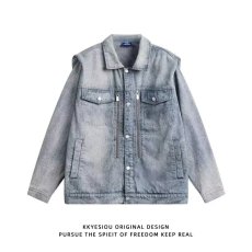 批发春秋小众水洗蓝色夹克男女宽松设计感重工做旧垫肩<b class='q'>牛仔</b>外套chic潮