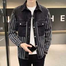 批发复古条纹拼接牛仔<b class='q'>衬衫</b>外套男士春秋款ins潮宽松水洗工装<b class='q'>衬衫</b>上衣