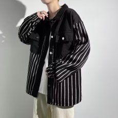 批发春秋帅气青年牛仔<b class='q'>衬衣</b>男条纹拼接翻领外套竖条长袖<b class='q'>衬衫</b>潮流