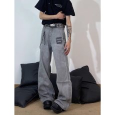 批发美式复古弯刀工装裤男春秋款潮牌高街解构痞帅直筒vibe微喇<b class='q'>牛仔裤</b>