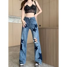 批发韩版炸街暗黑星星松紧腰<b class='q'>牛仔裤</b>男女潮秋季美式宽松直筒潮流长裤子