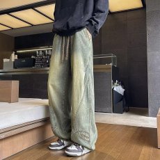 批发秋冬潮牌美式做旧水洗抽绳松紧<b class='q'>牛仔裤</b>男宽松潮流百搭阔腿长裤