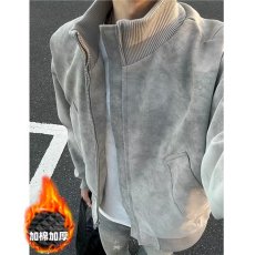 批发美式夹克复古扎染皮衣外套男秋冬款潮牌拼接设计飞行员短款<b class='q'>棒球</b>服