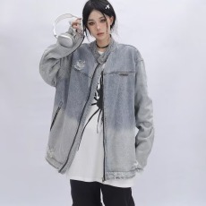 批发潮流古着破洞渐变牛仔外套男款立领宽松美式<b class='q'>街头</b>拉链做旧水洗夹克