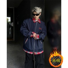 批发美式复古格子拼接翻领夹克男春秋季潮牌宽松小众假两件<b class='q'>棒球</b><b class='q'>服外套</b>