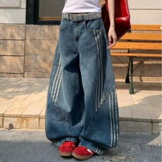 美式复古水洗解构弯刀牛仔裤女高街条纹拼接宽松显瘦休闲阔腿裤子