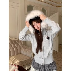 批发Amoeba美式复古可拆卸毛领连帽卫衣短款开衫女秋季宽松小狗外套