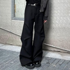 批发美式加绒褶皱伞兵裤<b class='q'>男</b>女宽松休闲微喇裤高级感黑色<b class='q'>西裤</b>潮厚长裤子