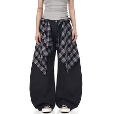 批发<b class='q'>大码</b>美式街头黑色拼接格子裙摆运动裤女装秋冬季宽松假两件休闲裤