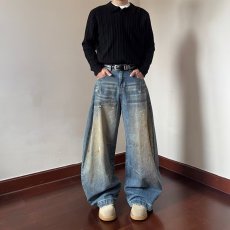 批发复古水洗蓝色猫须弯刀牛仔裤<b class='q'>男</b>女微喇宽松阔腿拖地镰刀裤直筒哈伦