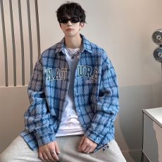 批发小香风毛呢夹克男情侣格子<b class='q'>衬衫</b>外套美式复古潮牌休闲宽松工装上衣