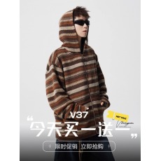 批发V37美式棕色覆古条纹拼接<b class='q'>卫衣</b>男秋季<b class='q'>潮牌</b>宽松休闲情侣装长袖外套