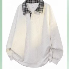 批发美式撞色格子翻领长袖男<b class='q'>夏</b>季潮牌重磅POLO领卫衣复古宽松情侣长袖