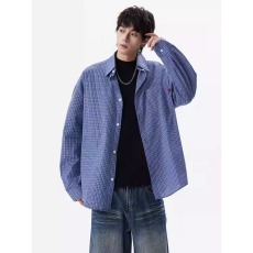 批发潮流时尚美式复古<b class='q'>秋</b>季蓝格长袖衬衫男款潮牌宽松情侣百搭休闲衬衣