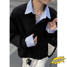 批发夏季新款学院风假两件格纹拼接<b class='q'>衬衫</b>领长袖T恤<b class='q'>男款</b>高级感半袖上衣